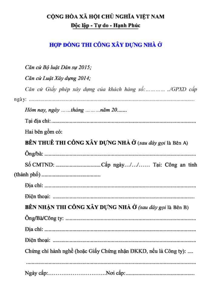 Hợp đồng thi công xây dựng nhà ở 