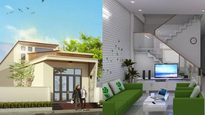 Nhà 1 tầng có gác lửng và giếng trời 