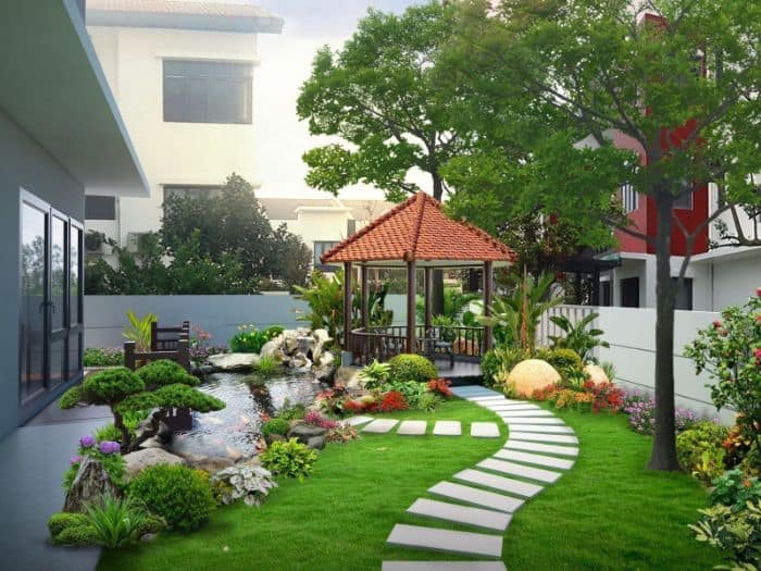 Khu vườn đậm chất thôn quê với cỏ lát, đường đi