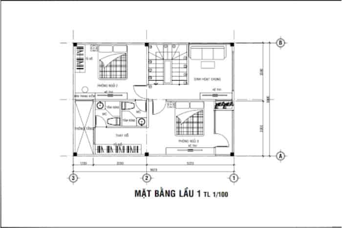 Bản vẽ thiết kế nhà 1 trệt 3 lầu sân thượng, diện tích 3.6×12.8m