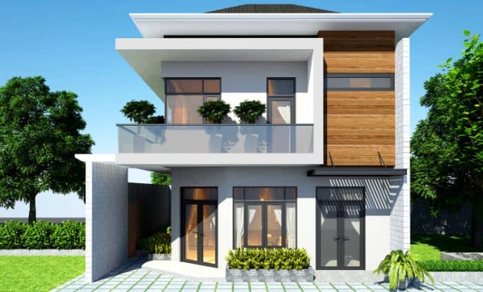Nhà phố với mặt tiền chủ đạo là gam màu trắng tạo điểm nhấn bằng việc ốp gỗ