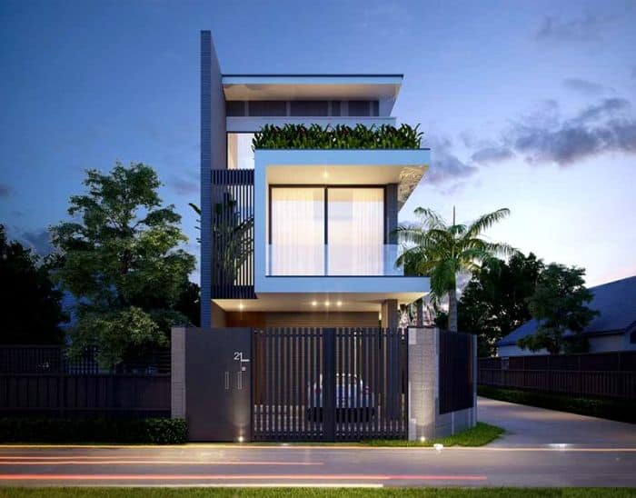 Nhà phố 2 tầng màu trắng, cửa kính lớn